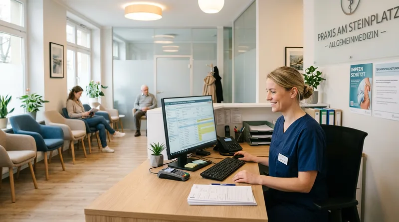Pflegekraft an der Rezeption arbeitet mit einem digitalen Dokumentationssystem