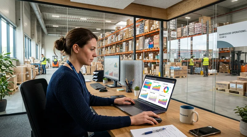 Mitarbeiterin im E-Commerce prüft KI-basierte Absatzprognosen auf einem Laptop im Lagerbüro