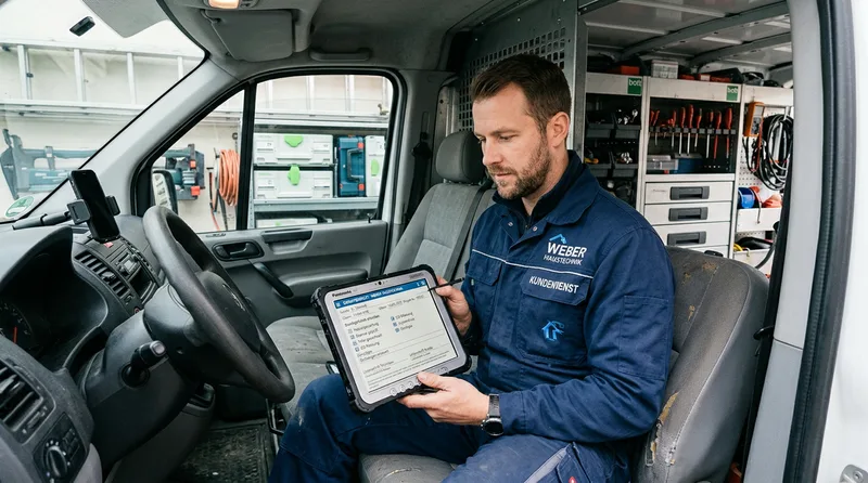 Servicetechniker erfasst einen digitalen Servicebericht per Tablet im Einsatzfahrzeug