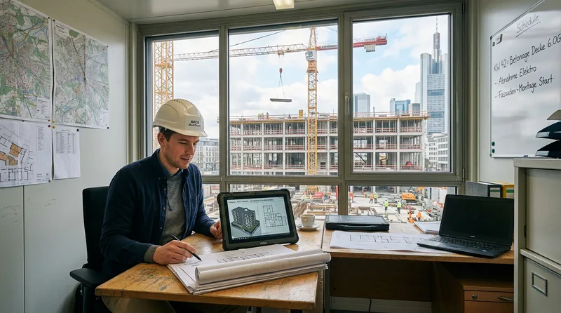 Architekt prüft digitale Baupläne auf dem Tablet im Baustellenbüro