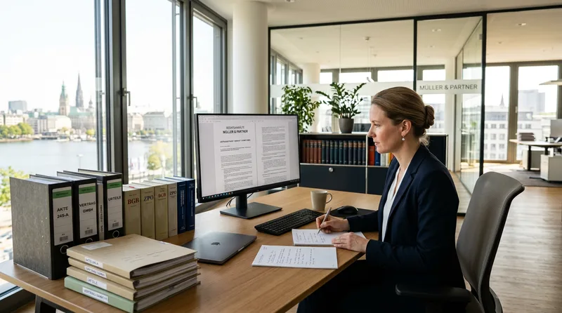Anwältin prüft Dokumente mit KI-Unterstützung am Bildschirm neben klassischen Aktenordnern