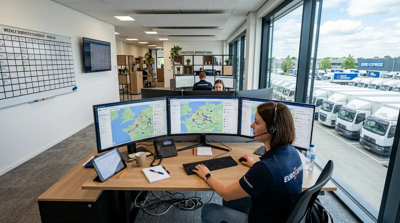 Disponent in einem Logistikbüro mit KI-gestützter Tourenoptimierung auf mehreren Monitoren