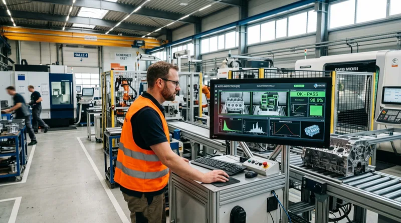 KI-gestützte optische Qualitätsprüfung von Metallteilen an einem Arbeitsplatz in einer Produktionshalle
